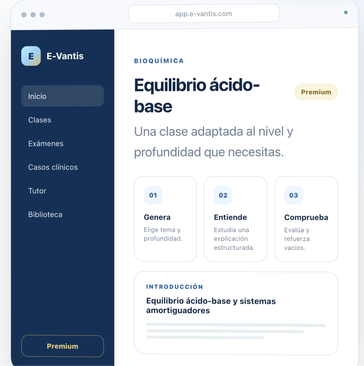 Interfaz real de E-Vantis mostrando una clase de Bioquímica sobre equilibrio ácido-base
