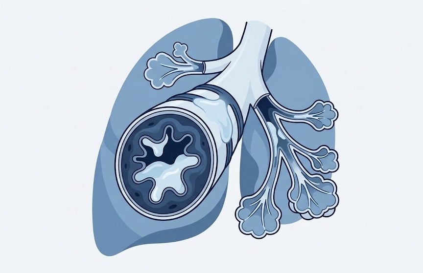 Ilustración médica de bronquiolos inflamados con edema y secreciones en bronquiolitis aguda