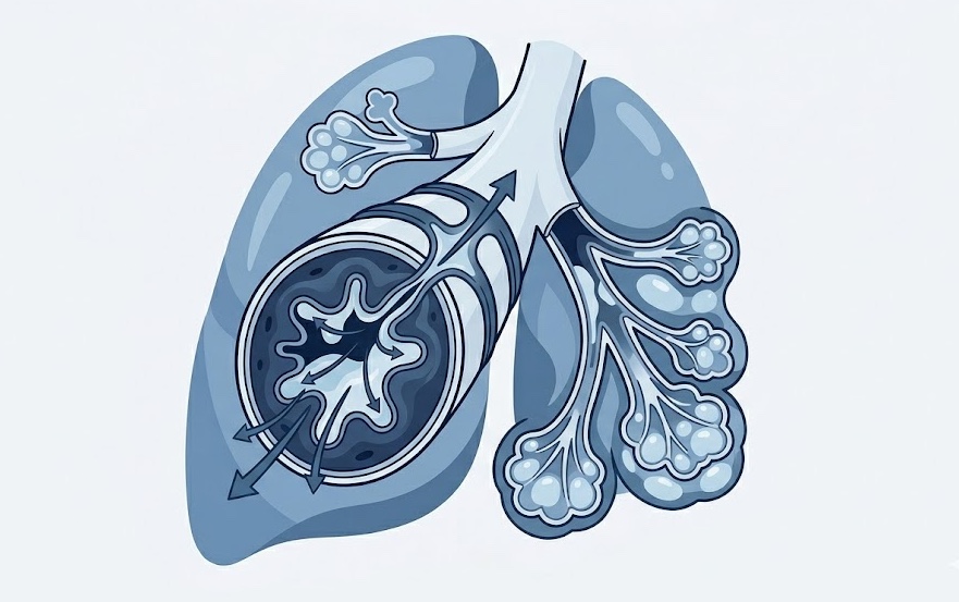 Ilustración médica de atrapamiento aéreo e hiperinsuflación pulmonar en bronquiolitis aguda