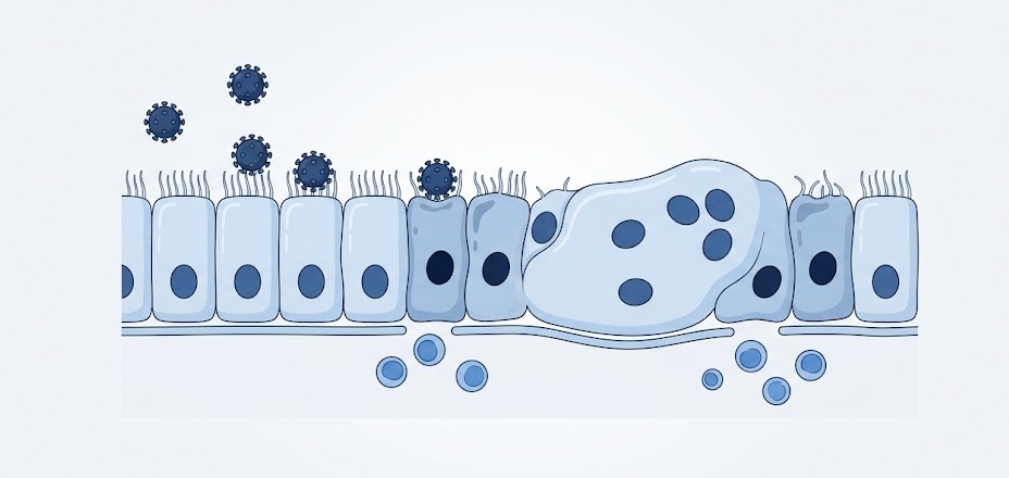 Ilustración médica del virus sincitial respiratorio infectando epitelio bronquiolar en bronquiolitis