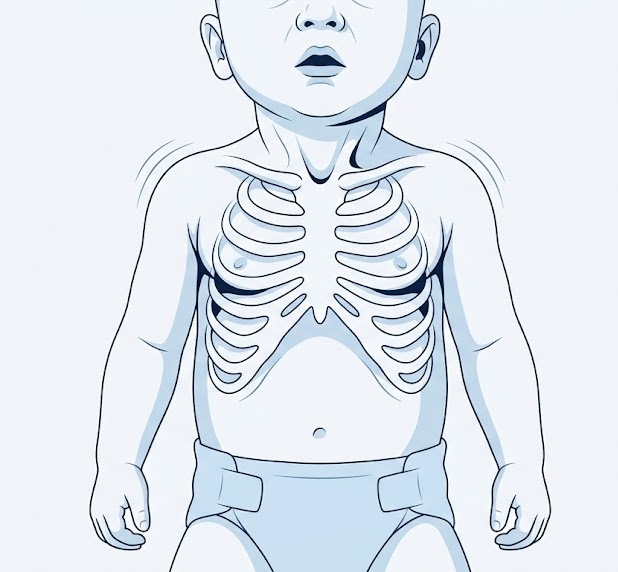 Ilustración médica de lactante con dificultad respiratoria por bronquiolitis aguda
