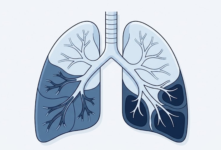 Ilustración médica de alteración ventilación perfusión e hipoxemia en bronquiolitis pediátrica
