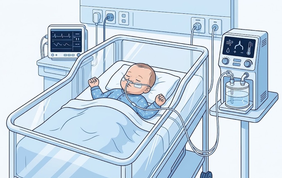Ilustración médica de lactante con bronquiolitis recibiendo oxigenoterapia pediátrica