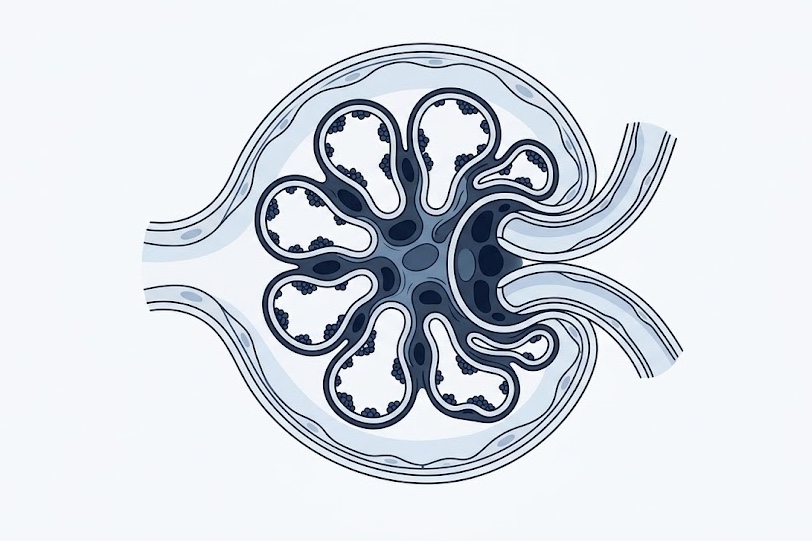 Ilustración médica de glomérulo renal con inflamación y depósito de inmunocomplejos en nefritis lúpica