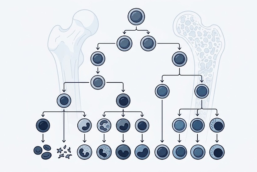 Esquema de hematopoyesis mostrando diferenciación de células madre hematopoyéticas hacia líneas mieloides y linfoides relacionado con el origen celular de las leucemias.