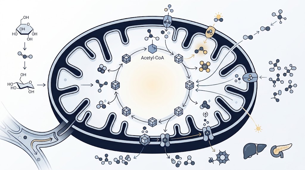 Ilustración médica del ciclo de Krebs integrando metabolismo de carbohidratos grasas y aminoácidos
