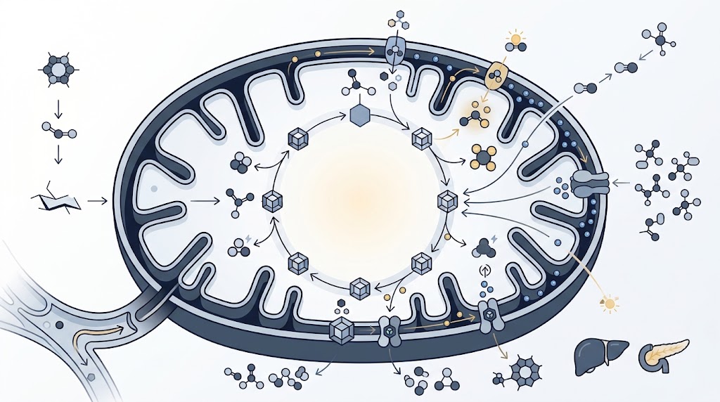Ilustración médica del ciclo de Krebs conectado con la cadena respiratoria y la síntesis mitocondrial de ATP