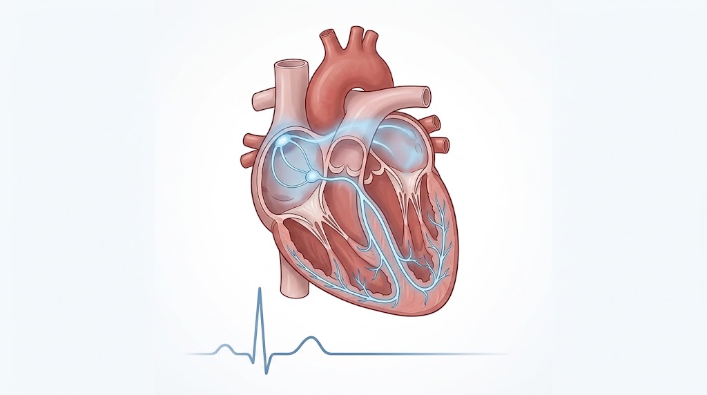 Ilustración médica del sistema de conducción cardíaco con nodo sinusal, nodo auriculoventricular, haz de His y red de Purkinje