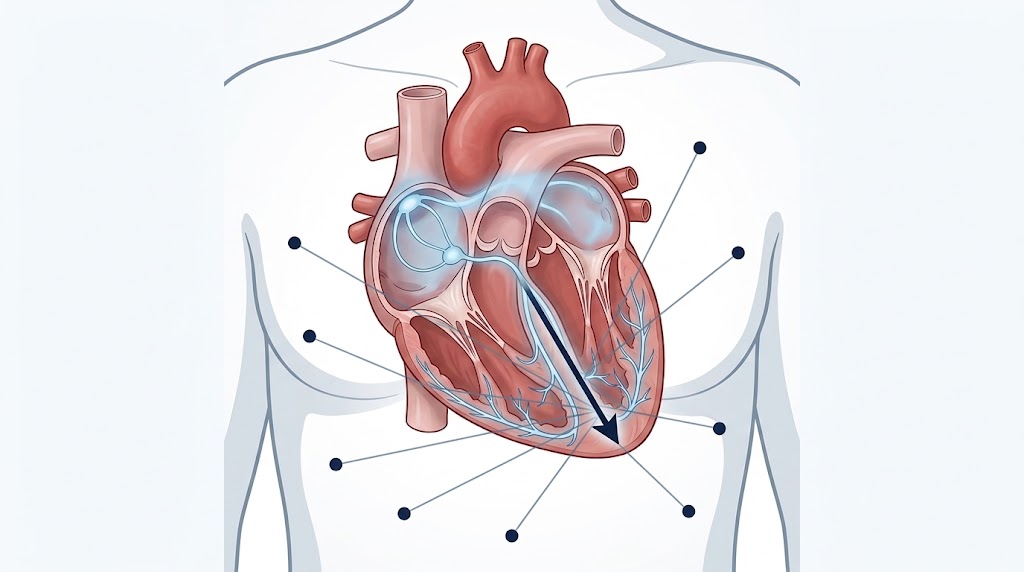 Ilustración médica del sistema de conducción cardíaco con nodo sinusal, nodo auriculoventricular, haz de His y red de Purkinje