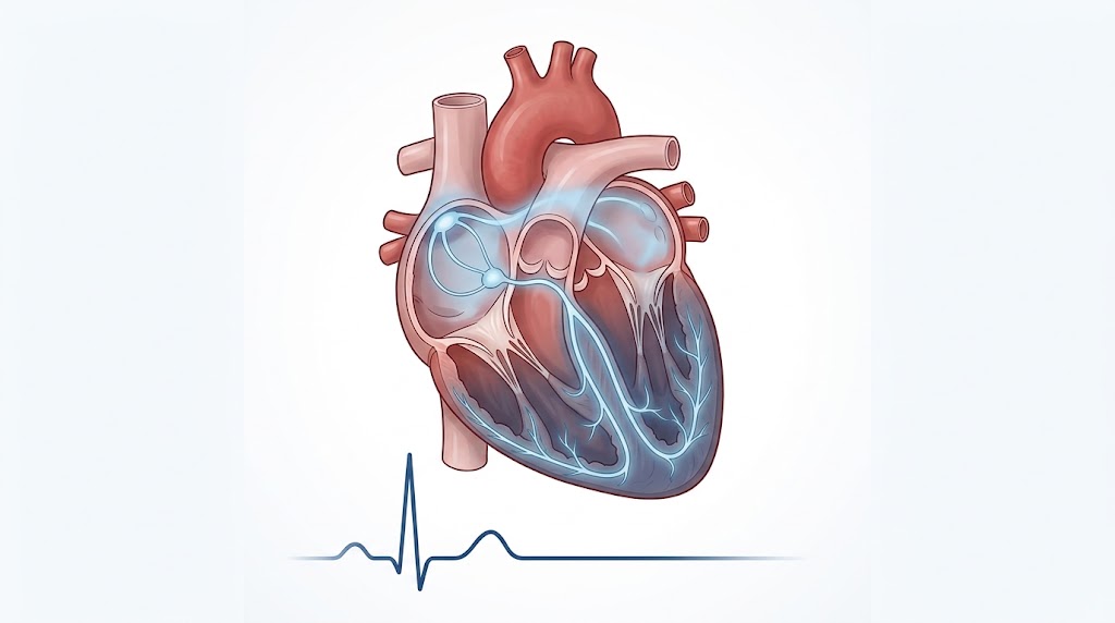 Ilustración médica de la despolarización auricular, despolarización ventricular y repolarización ventricular relacionadas con el trazado del ECG