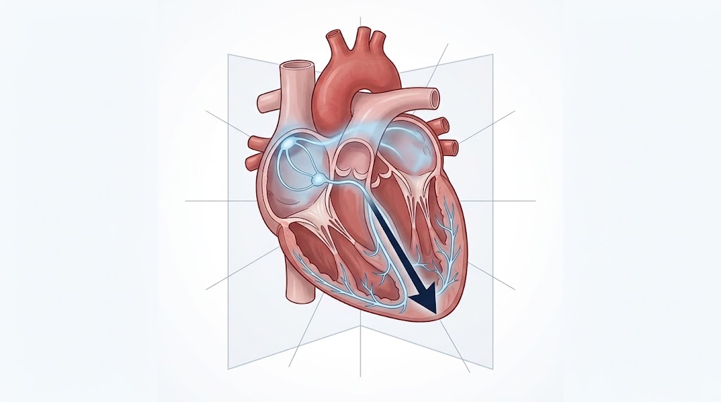 Ilustración médica del eje eléctrico ventricular y la dirección promedio de la despolarización del corazón
