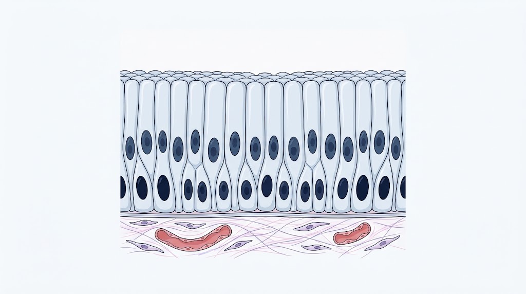 Ilustración médica de tejido epitelial con superficie apical, membrana basal y tejido conectivo subyacente