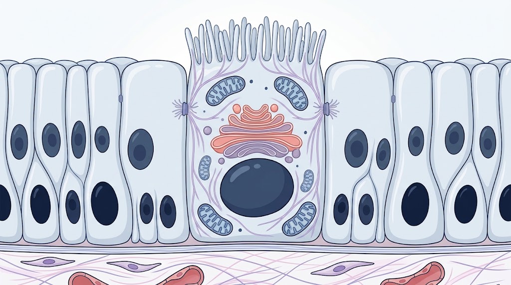 Ilustración médica de una célula epitelial con dominios apical, lateral y basal