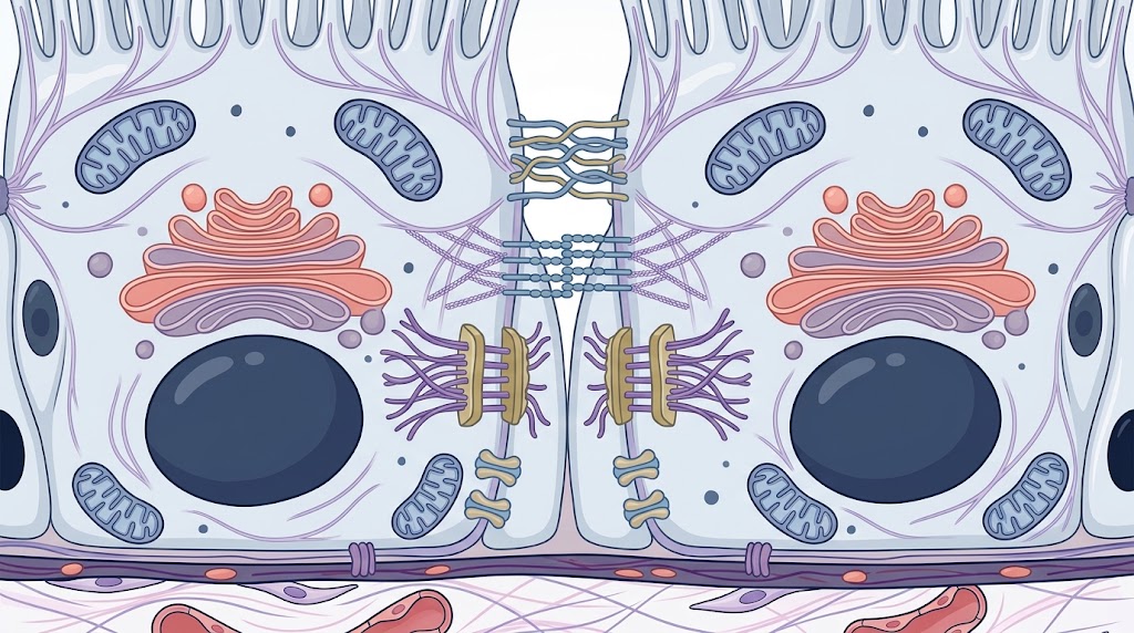 Ilustración médica de uniones estrechas, desmosomas y otras uniones entre células epiteliales