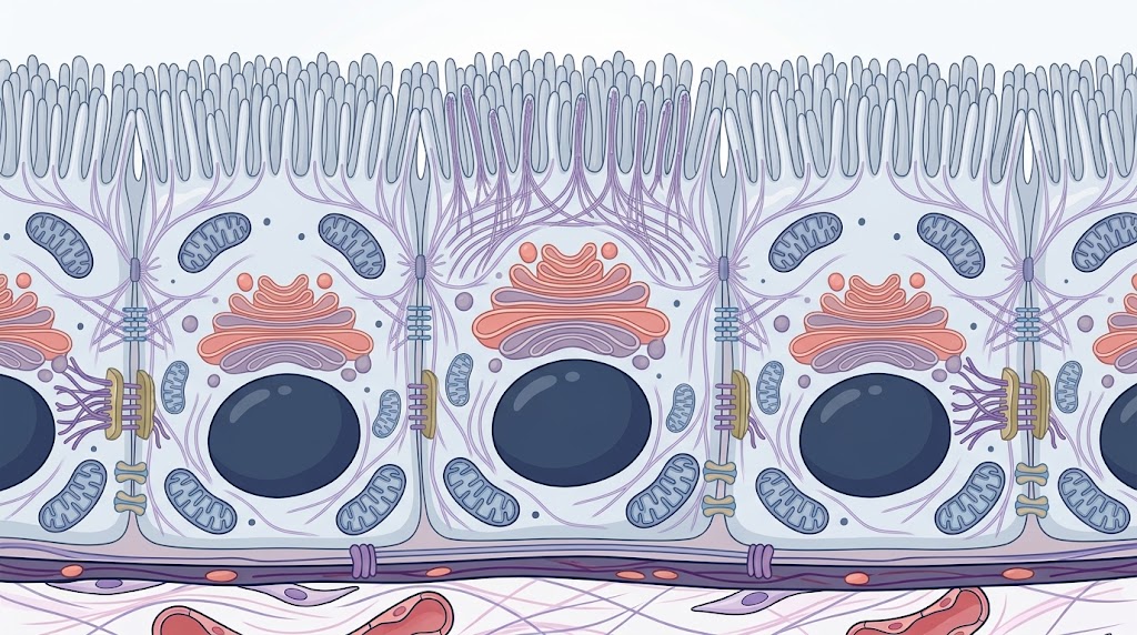 Ilustración médica de enterocitos con microvellosidades que aumentan la superficie de absorción intestinal
