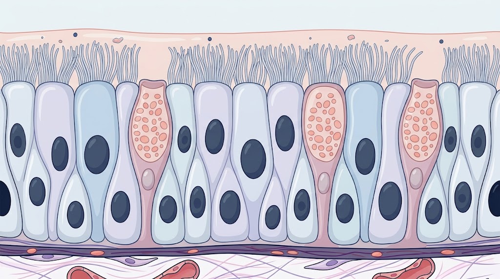 Ilustración médica de epitelio respiratorio pseudoestratificado ciliado con células caliciformes