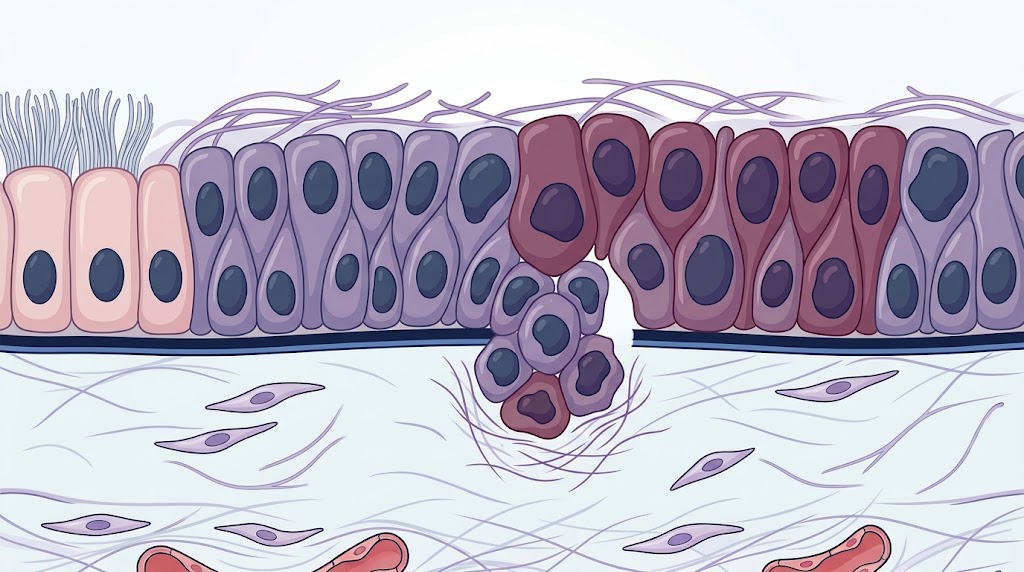 Ilustración histopatológica de células de carcinoma atravesando la membrana basal e invadiendo tejido conectivo