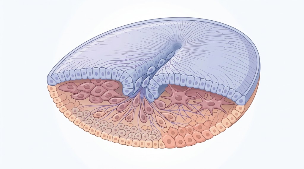 Ilustración médica de células del epiblasto migrando para formar ectodermo mesodermo y endodermo durante la gastrulación