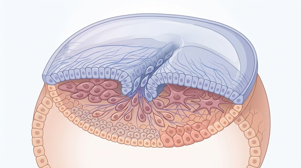 Ilustración médica del disco embrionario trilaminar formado por ectodermo mesodermo y endodermo