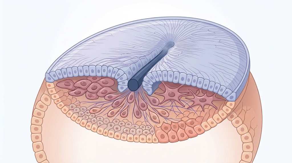 Ilustración médica de la formación de la notocorda en la línea media del embrión durante la gastrulación
