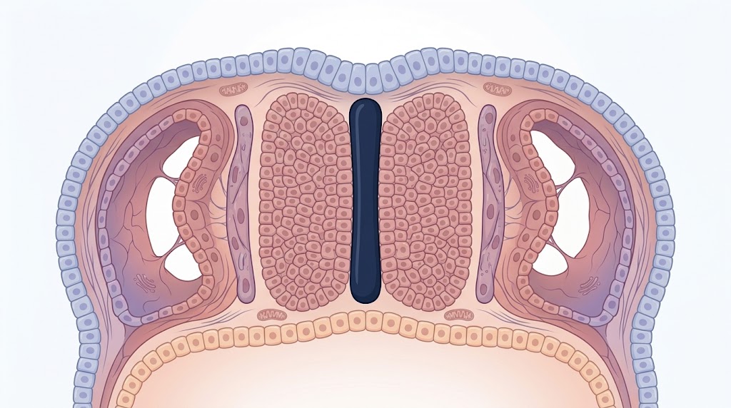 Ilustración médica del mesodermo paraxial intermedio y lateral alrededor de la notocorda embrionaria