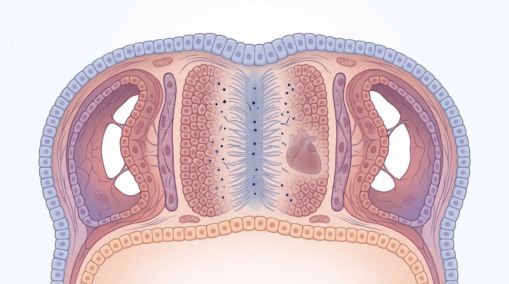 Ilustración médica de cilios del nodo primitivo participando en el establecimiento del eje izquierda derecha del embrión