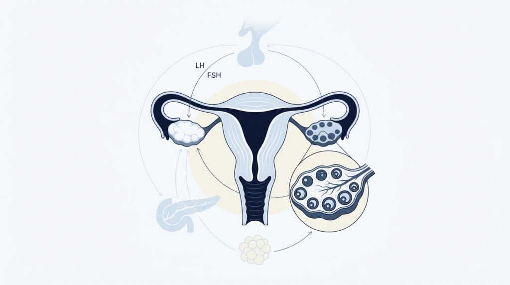 Ilustración médica del síndrome de ovario poliquístico con útero, ovarios y múltiples folículos ováricos pequeños.