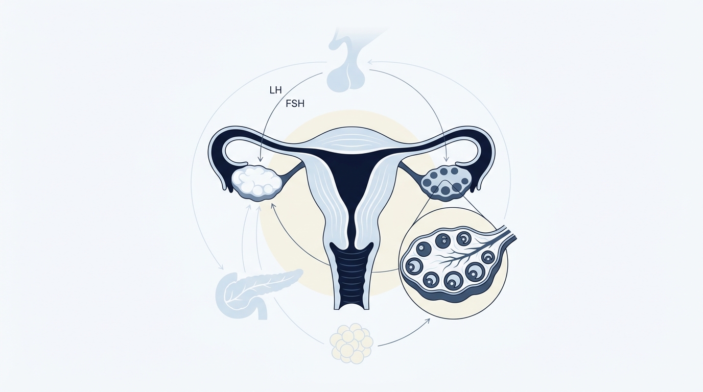 Ilustración médica del síndrome de ovario poliquístico con útero, ovarios y múltiples folículos ováricos pequeños.