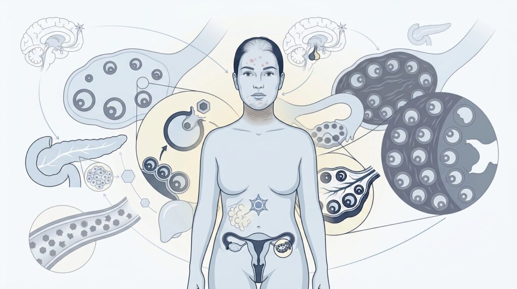 Ilustración médica de manifestaciones del síndrome de ovario poliquístico como hirsutismo, acné, alopecia y alteraciones metabólicas.