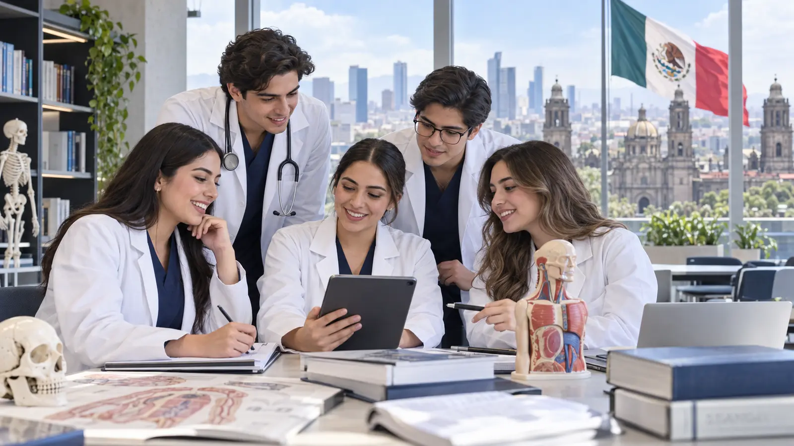 Estudiantes mexicanos de Medicina aprendiendo juntos con tecnología educativa, modelos anatómicos y la bandera de México al fondo.
