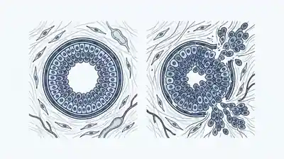 Comparación entre carcinoma in situ confinado por la membrana basal y carcinoma invasivo que penetra el estroma.
