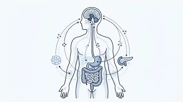 Esquema del eje cerebro-intestino-tejido adiposo y la regulación neuroendocrina del balance energético.